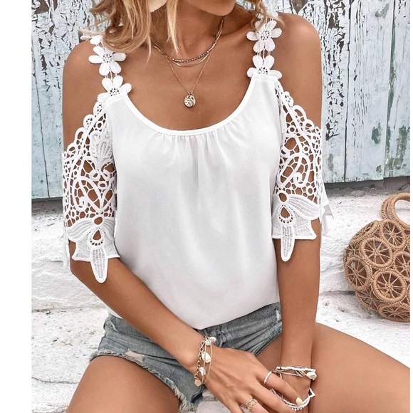 Boho Floral lace Cold Shoulder Loose Fit Top - Picture 1 of 8
